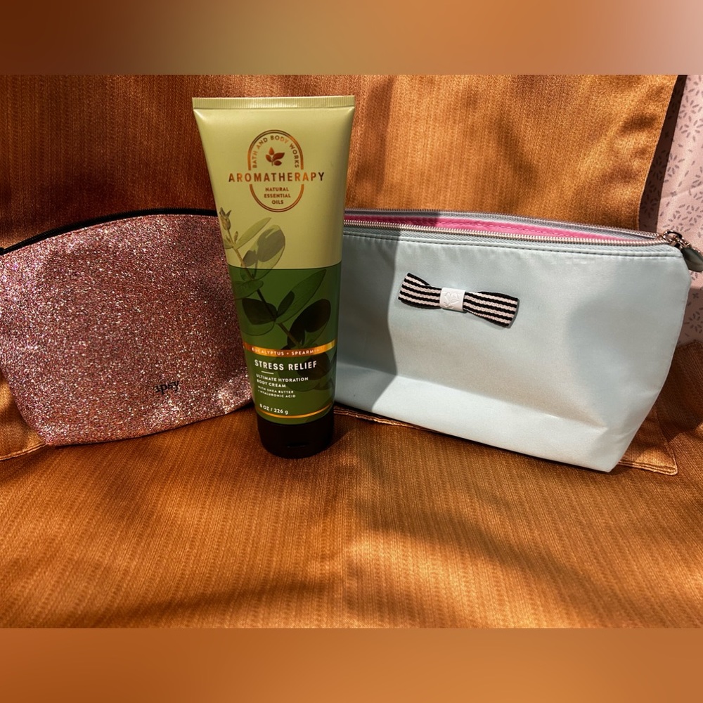 Lancôme blue makeup bag, Ipsy rose gold makeup bag, bath and body lotion